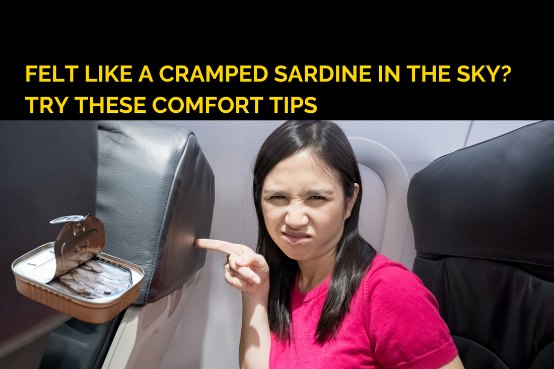 Woman seating in a crapmed airplane seat